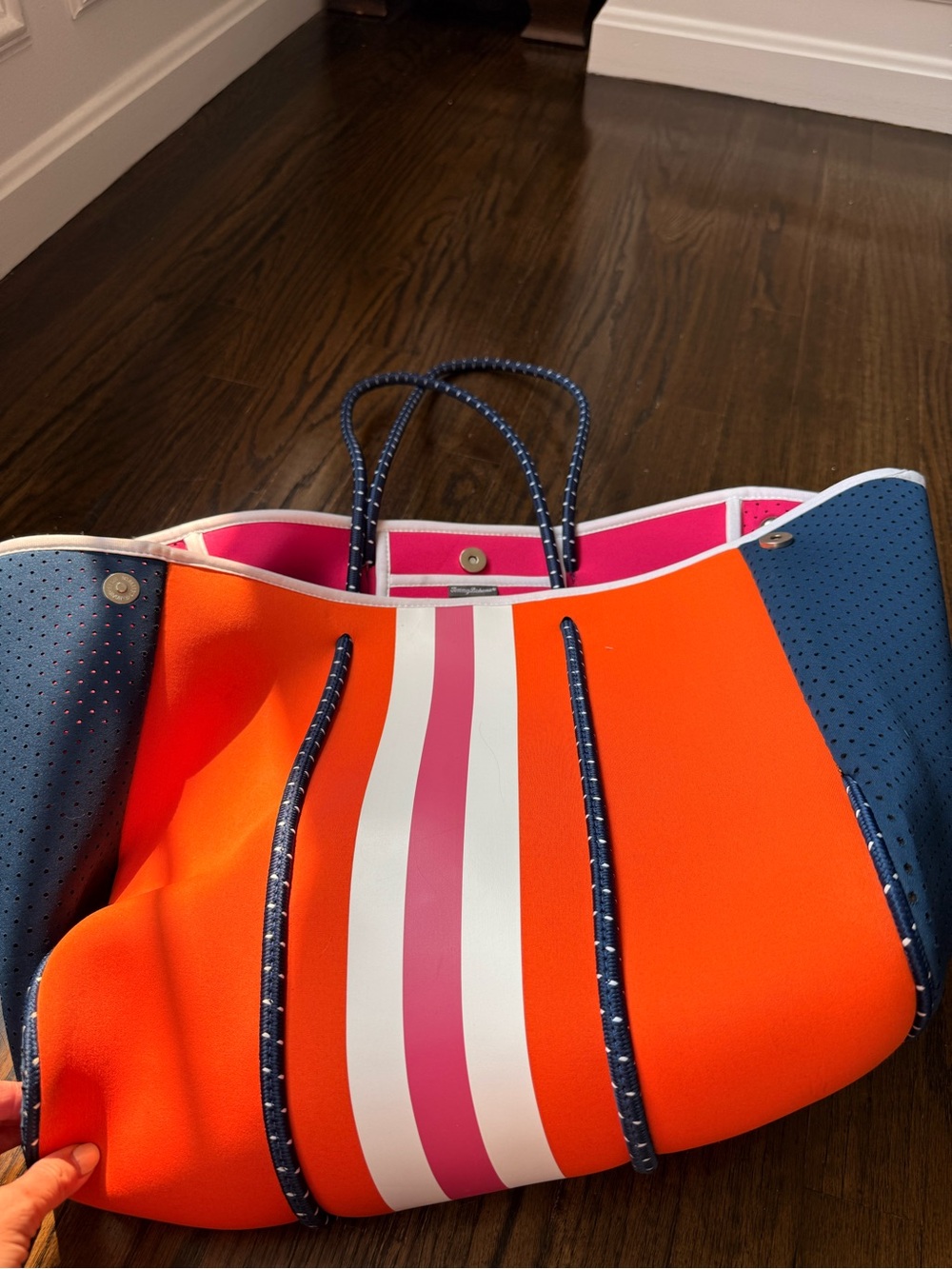 Tommy Bahama Orange Neoprene Tote with Pink & White Stripe